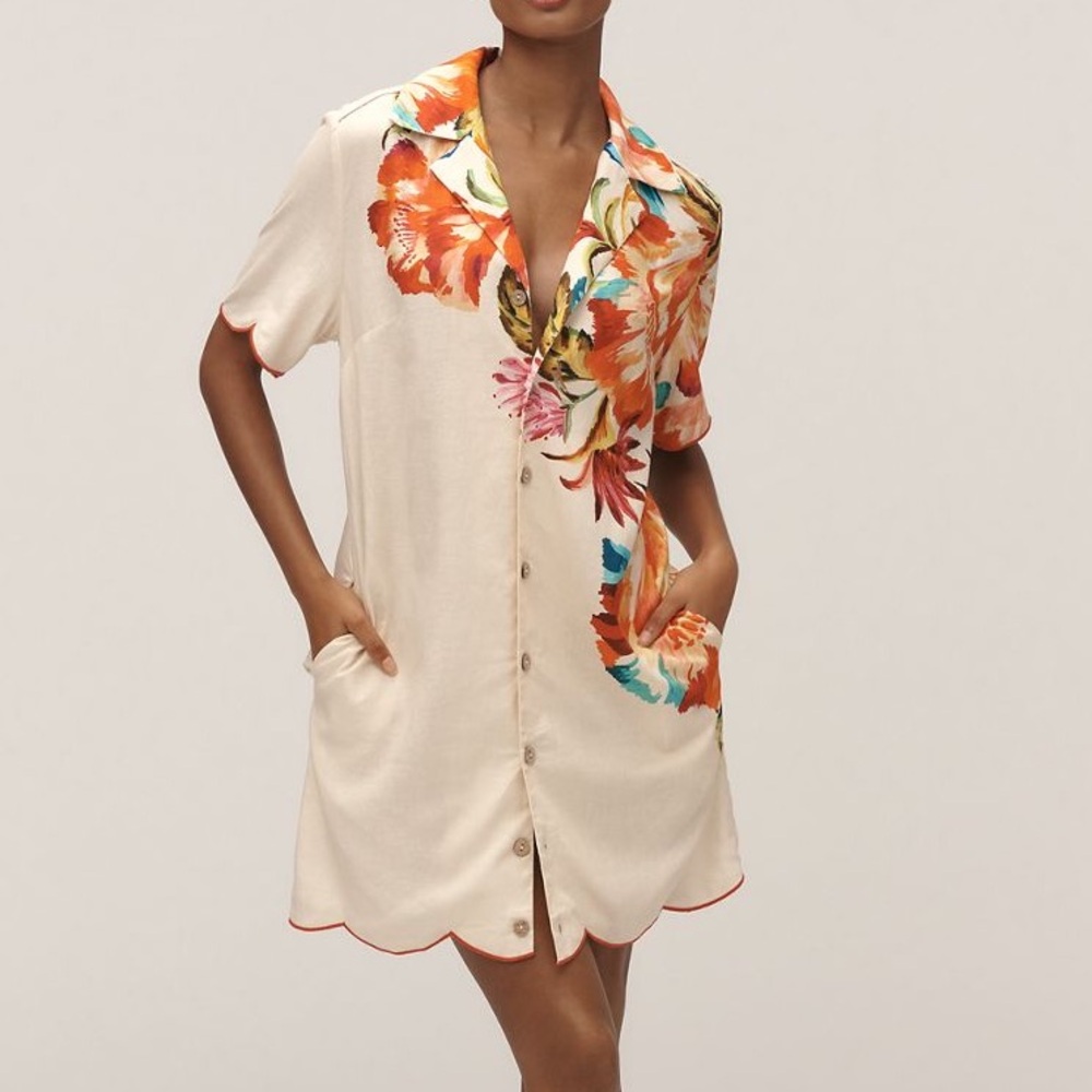 New FARM Rio x Anthropologie Scalloped Tropicart Shirt Dress